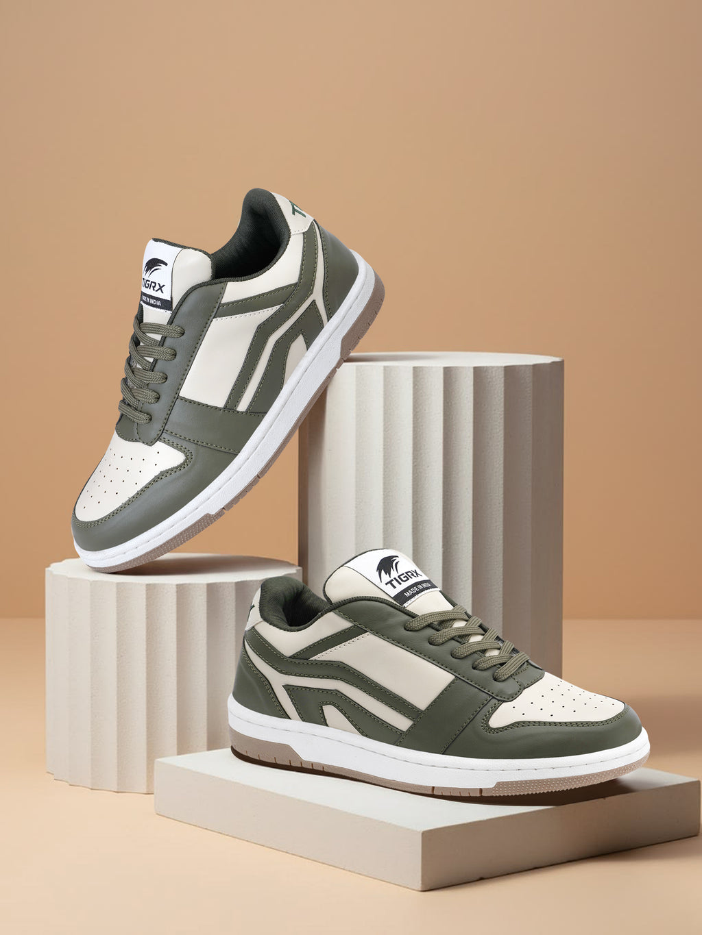 TIGRX Olive Green & White Premium Casual Sneakers for Men | Lightweight Streetwear Shoes