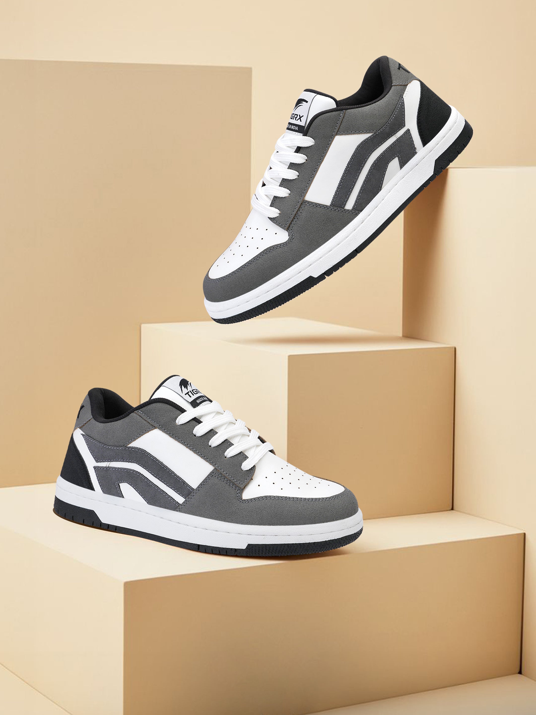 TIGRX Grey & White Premium Casual Sneakers for Men | Lightweight Streetwear Shoes