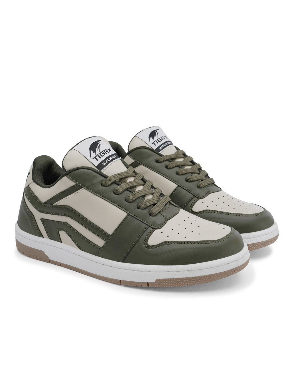 TIGRX Olive Green & White Premium Casual Sneakers for Men | Lightweight Streetwear Shoes