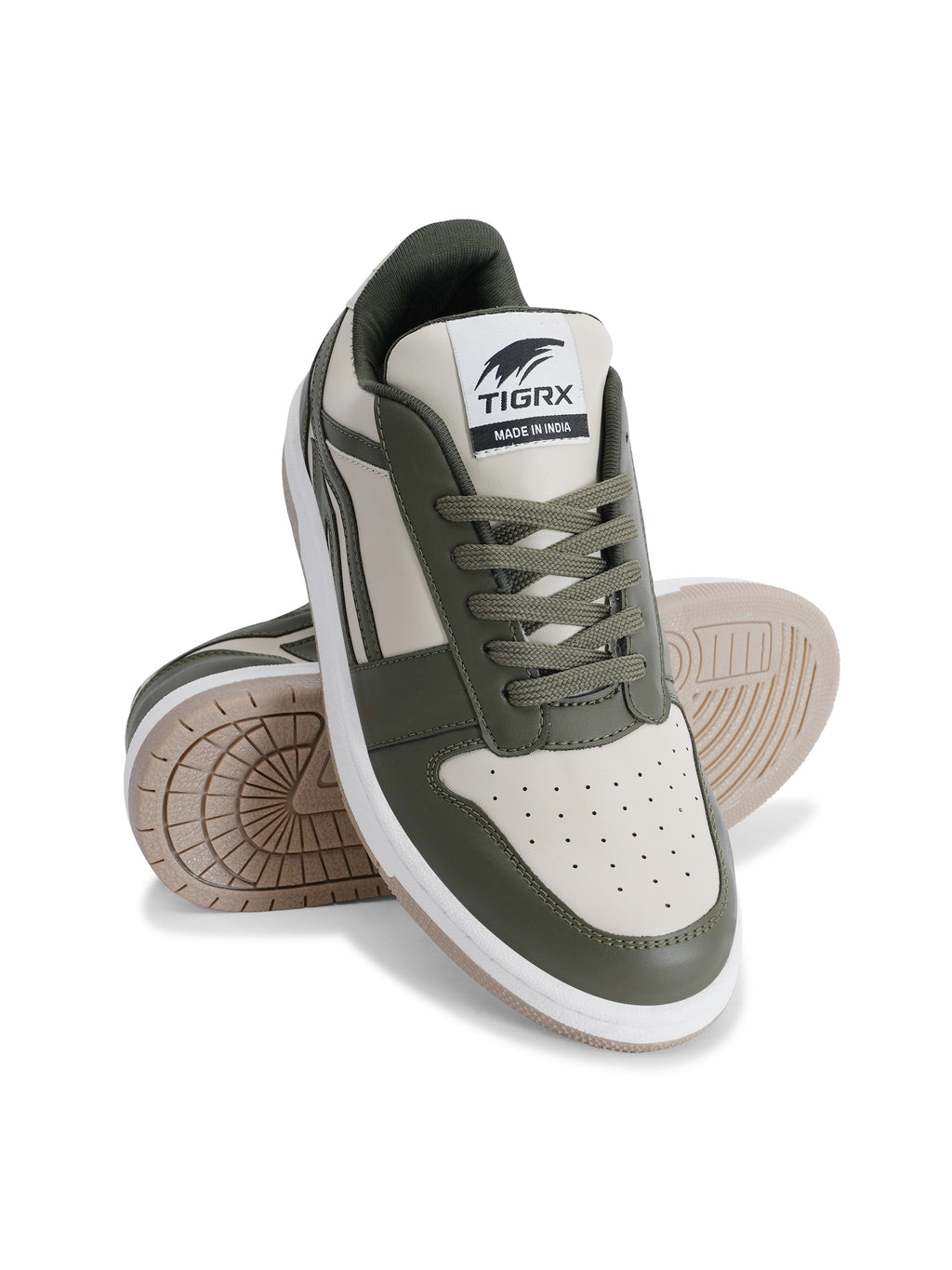 TIGRX Olive Green & White Premium Casual Sneakers for Men | Lightweight Streetwear Shoes