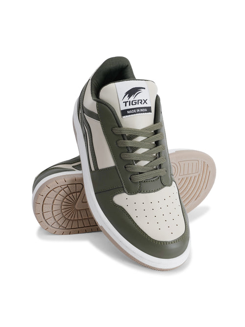 TIGRX Olive Green & White Premium Casual Sneakers for Men | Lightweight Streetwear Shoes