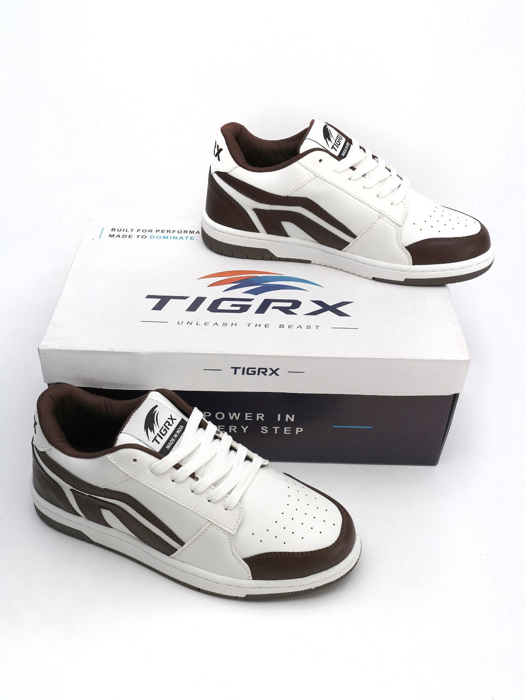 TIGRX White & Brown Premium Casual Sneakers for Men | Lightweight Streetwear Shoes