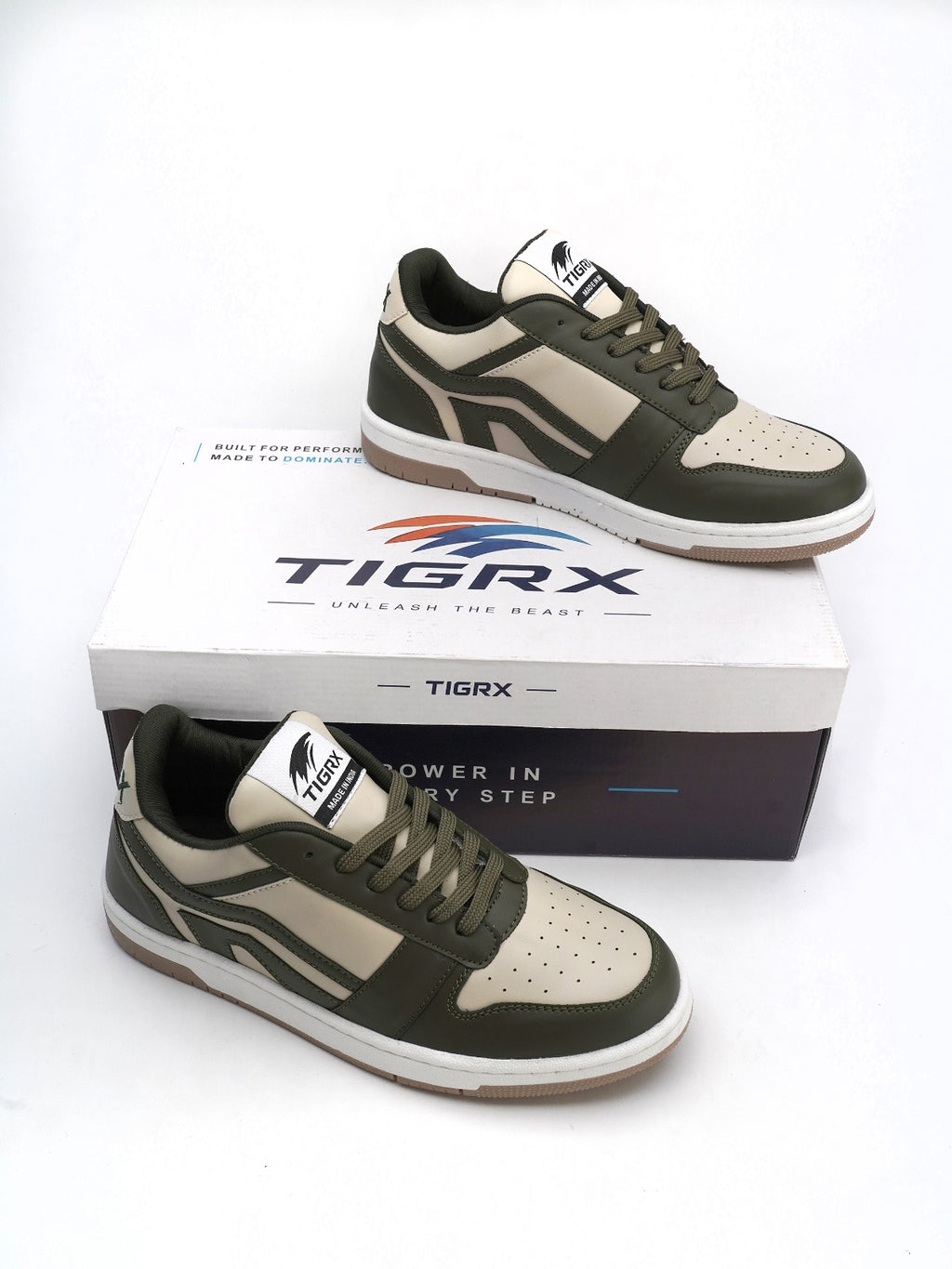 TIGRX Olive Green & White Premium Casual Sneakers for Men | Lightweight Streetwear Shoes