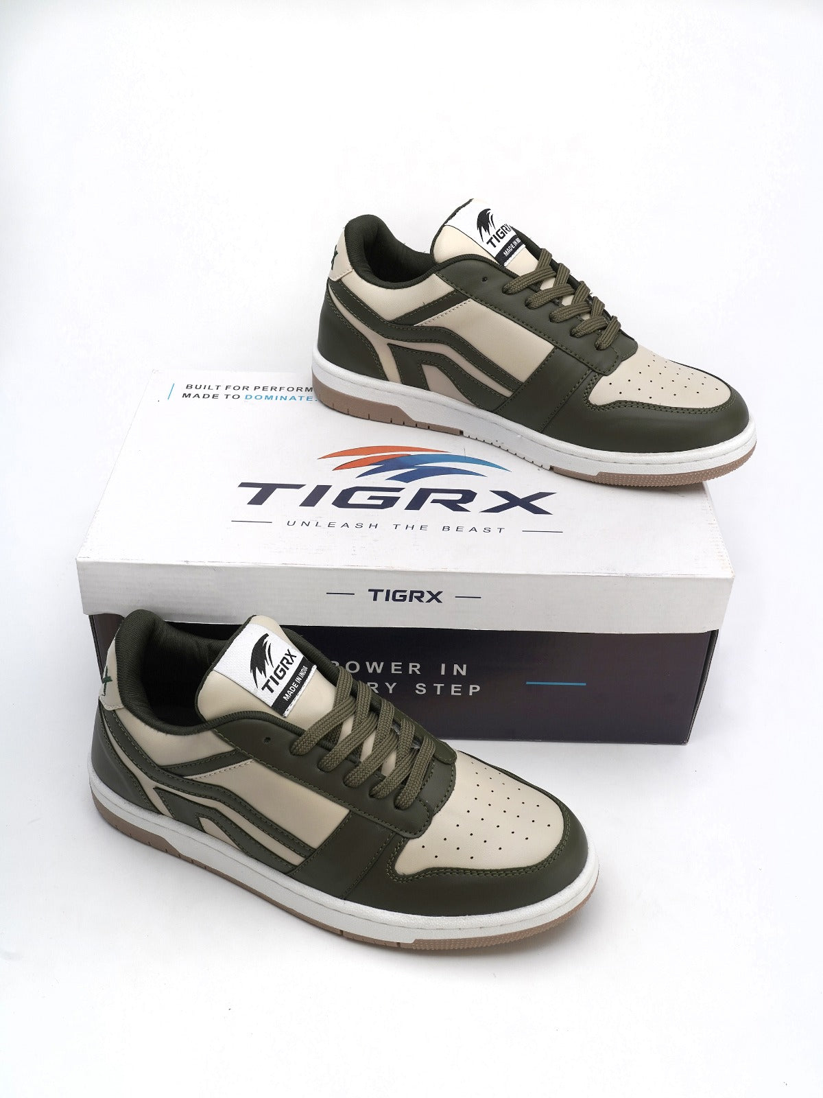 TIGRX Olive Green & White Premium Casual Sneakers for Men | Lightweight Streetwear Shoes